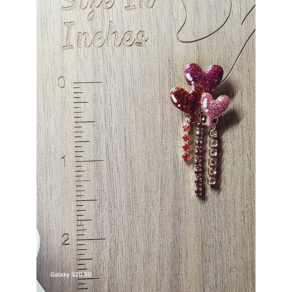 Red Pink Glitter Heart Balloon Drop Earrings Rhinestone Fringe Gold Tone Studs‎